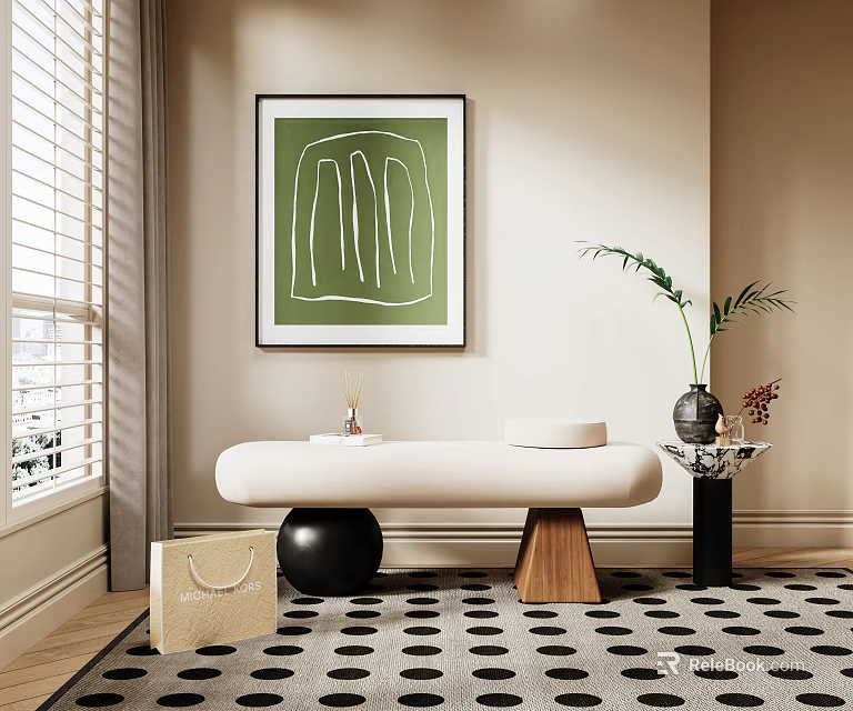White Modern Stool In Interior With Green Artwork Plant And Black White Carpet 3d model 