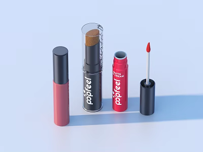 Cosmetic Products Collection Including Pink Lipstick Foundation Brush And Red Lip Gloss 3d model