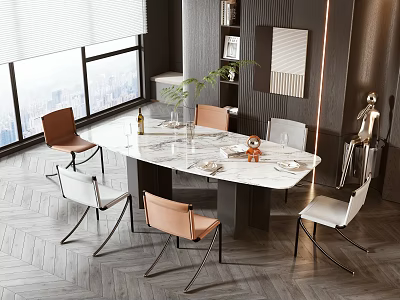 Modern Dining Table Set With Marble Top Brown White Chairs Decorative Plant And Natural Light 3d model