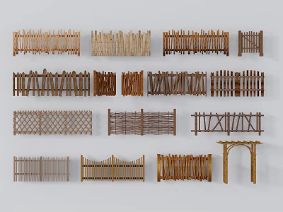 Different Styles of Wooden Fences With Lattice Arch And Woven Patterns 3d model