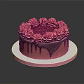 Delicious Pink Cream Cake With Rose Decorations And Chocolate Drizzle On White Plate