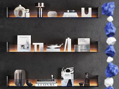 Books and Magazines on Dark Wall Shelves with Decorative Items Blue White Decor and Lighting 3d model