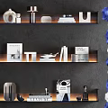 Books and Magazines on Dark Wall Shelves with Decorative Items Blue White Decor and Lighting