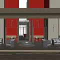 Modern Lounge Area With White Sofas Gray Armchairs Red Accent Walls And Wooden Floor