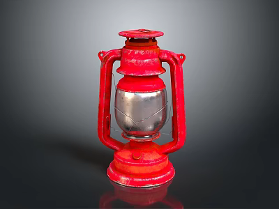 Vintage Red Kerosene Lamp With Metal Frame And Silver Center Design 3d model