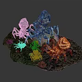 Various Colored Spiders With Mechanical Biological Features On Dark Base