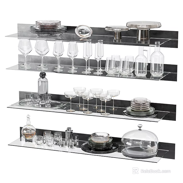 Kitchen Glassware Display With Wine Glasses Tumblers Bottles Plates And Cloche Covered Dishes 3d model 
