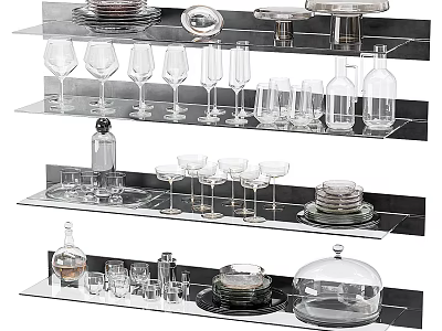 Kitchen Glassware Display With Wine Glasses Tumblers Bottles Plates And Cloche Covered Dishes 3d model