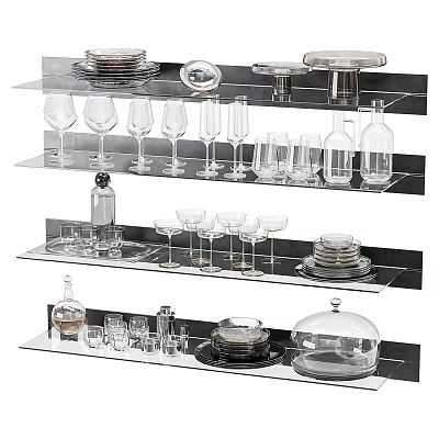 Kitchen Glassware Display With Wine Glasses Tumblers Bottles Plates And Cloche Covered Dishes 3d model
