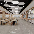 Open Restaurant Interior With Geometric Wooden Ceiling Wooden Tables Blue Cushioned Chairs Bright Lighting