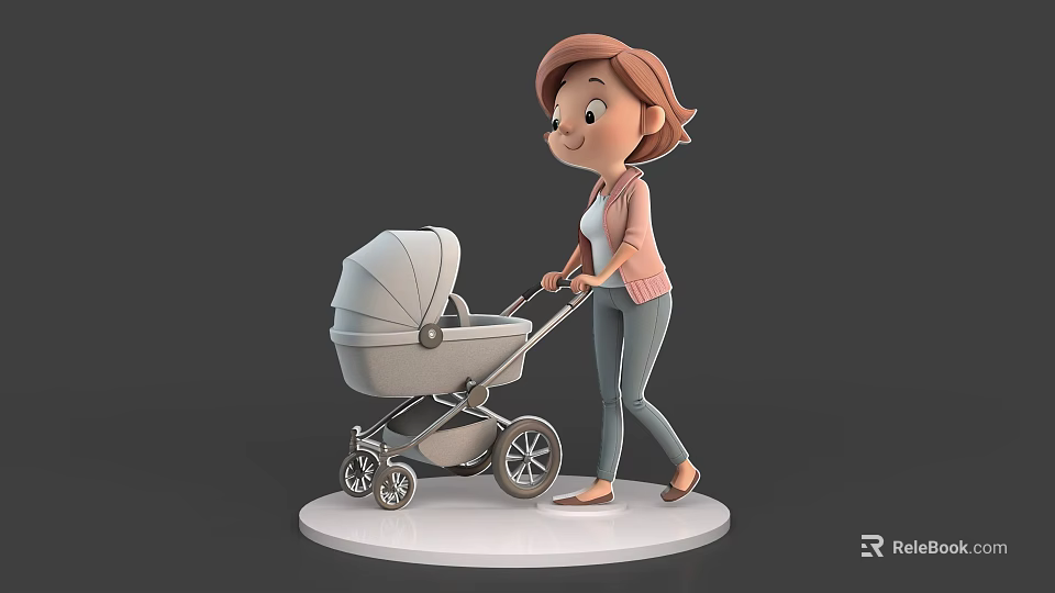 Animated Game Movie Character Pushing Baby Stroller In 3D Model Design 3d model 