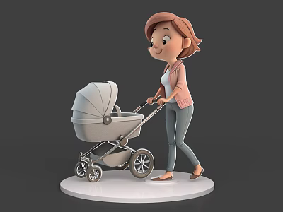 Animated Game Movie Character Pushing Baby Stroller In 3D Model Design 3d model