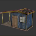 Blue Wooden Cabin With Wooden Door Window Yellow Support Pillars And Sloped Roof