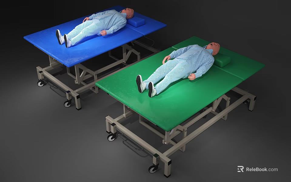 Wheeled Medical Beds with Blue and Green Surfaces and Mannequins on Top 3d model 