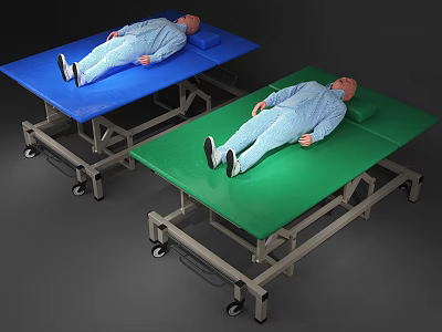 Wheeled Medical Beds with Blue and Green Surfaces and Mannequins on Top 3d model