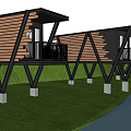 Modern Wooden Cabins On Black Stilts With Balconies In Green Lawn