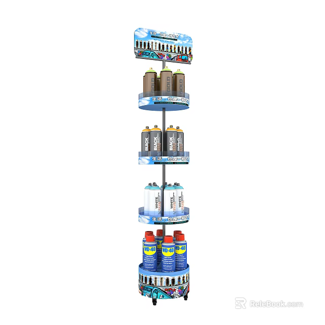Rotating Multi Tier Display Rack Holding Bottled Products in Retail Store 3d model