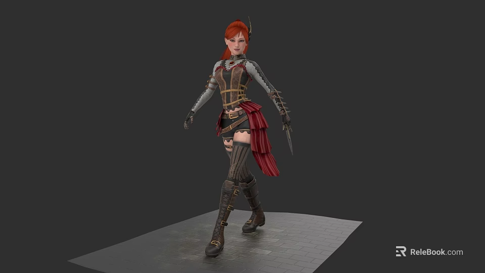 Red Haired Woman In Medieval Warrior Armor With Cape And Dagger 3d model 