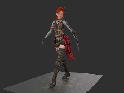 Red Haired Woman In Medieval Warrior Armor With Cape And Dagger 3d model