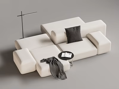 Modern White Modular Sectional Sofa With Black Pillow And Gray Throw Blanket 3d model