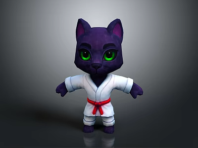 Cute Purple Cat 3D Game Character With Green Eyes White Karate Uniform And Red Belt 3d model