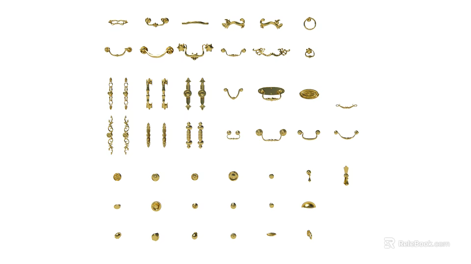 Various Metal Cabinet Handles with Golden Finish and Different Designs for Furniture 3d model 