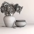 Sunflower Bouquet In Dark Ceramic Vase With Small Clay Pot On Wooden Table