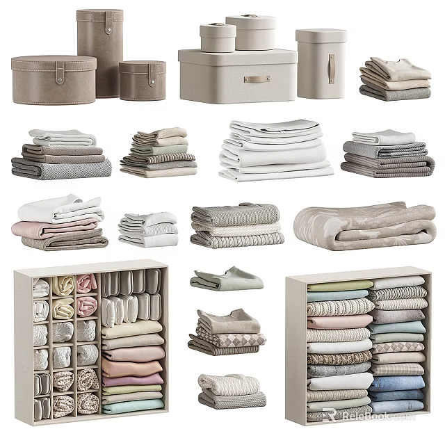 Neatly Stacked Various Clothes With Storage Boxes And Organized Drawer Storage 3d model 