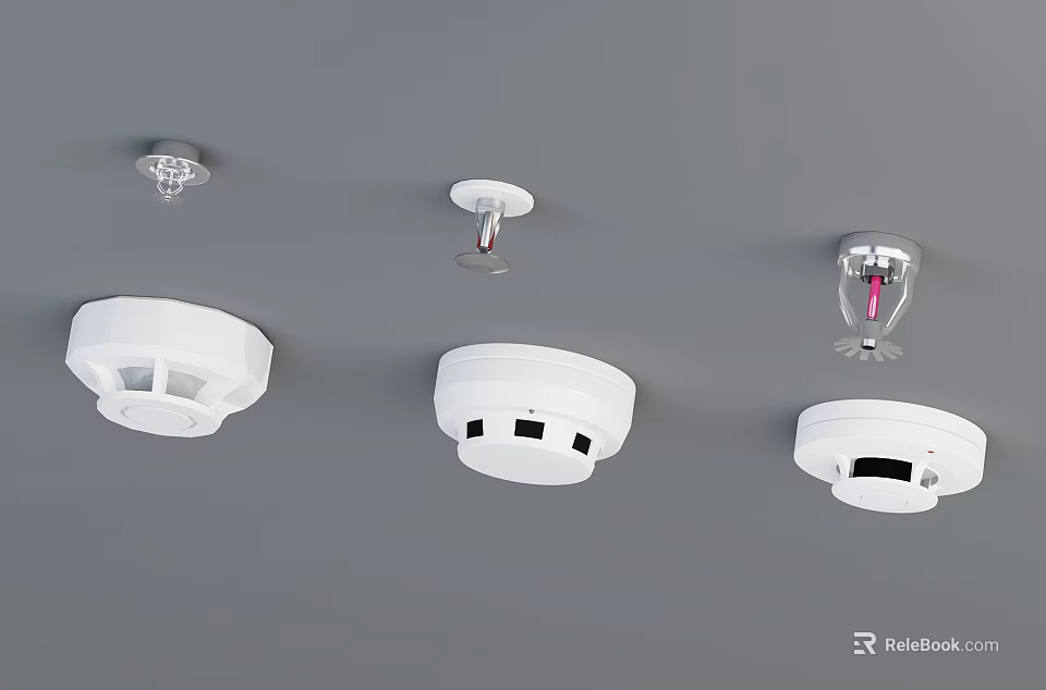 Various Modern Fire Safety Detectors Installed On Ceiling For Home Protection 3d model 