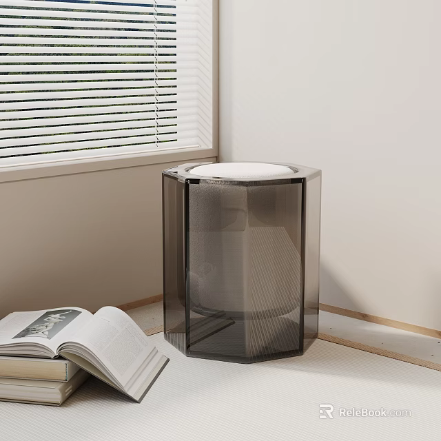 Modern Transparent Hexagonal Acrylic Side Table Near Window Blinds With Open Book 3d model 