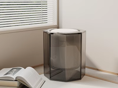 Modern Transparent Hexagonal Acrylic Side Table Near Window Blinds With Open Book 3d model