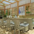 School Wooden Pergola Rest Area With Tables Benches Green Plants Decorative Paintings And Sunlight