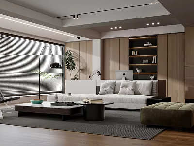 Modern Living Room Interior With Wooden Shelves Sofa Coffee Table Area Rug And Window Blinds 3d model
