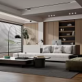 Modern Living Room Interior With Wooden Shelves Sofa Coffee Table Area Rug And Window Blinds