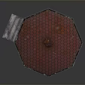 Traditional Wooden Hexagonal Gazebo With Red Tiled Roof And Stone Base