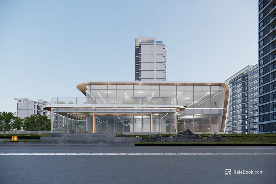 Modern Glass Curtain Wall Sales Office Building With Surrounding High Rises Steps And Greenery 3d model 