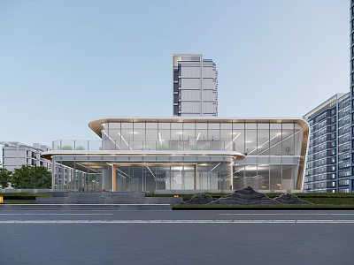 Modern Glass Curtain Wall Sales Office Building With Surrounding High Rises Steps And Greenery 3d model