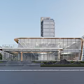 Modern Glass Curtain Wall Sales Office Building With Surrounding High Rises Steps And Greenery