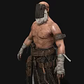 Rugged Bald Headed Warrior With Long Beard Scars Wrist Bandages And Leather Belt Tools