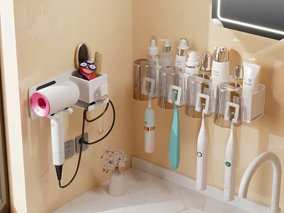 Wall Mounted Bathroom Accessories With Toothbrush Holder Hair Dryer Rack And Storage Organizers 3d model