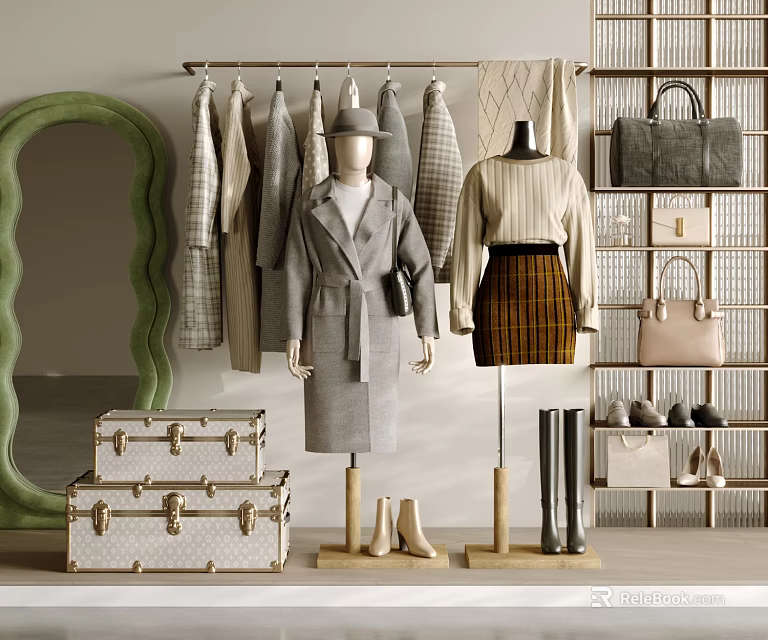 Stylish Clothing Store Display With Hanging Coats Dresses Mannequins Handbags Shoes And Suitcases 3d model 