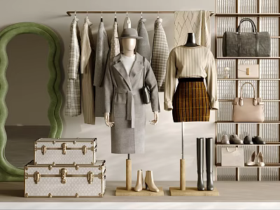 Stylish Clothing Store Display With Hanging Coats Dresses Mannequins Handbags Shoes And Suitcases 3d model