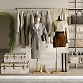 Stylish Clothing Store Display With Hanging Coats Dresses Mannequins Handbags Shoes And Suitcases