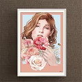 Woman Portrait Painting with Curly Brown Hair Pink White Roses Bee and Light Blue Background