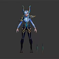Fantasy Character With Mythical Creature Horned Design Blue And Gold Armor Tight-Fitting Outfit Glowing Weapons