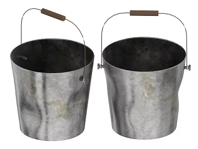 Two Vintage Metal Buckets With Wooden Handles For Daily Home Necessities 3d model