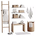 Laundry Daily Essentials With Wooden Ladder Wicker Baskets Folded Towels And Bath Products