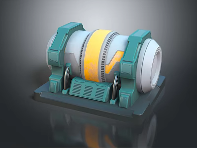 Industrial Cylindrical Equipment with Green Supports Yellow Stripe and Base Stand 3d model