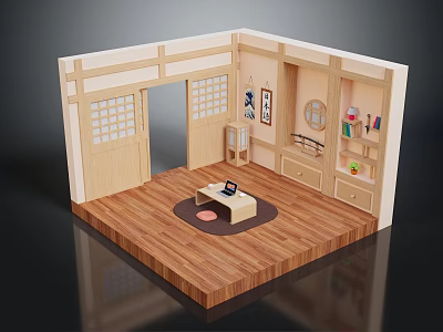 Cartoon Scene of Cozy Wooden Room Interior with Grid Windows Table Bookshelf and Decorative Elements 3d model