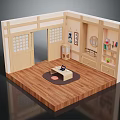 Cartoon Scene of Cozy Wooden Room Interior with Grid Windows Table Bookshelf and Decorative Elements